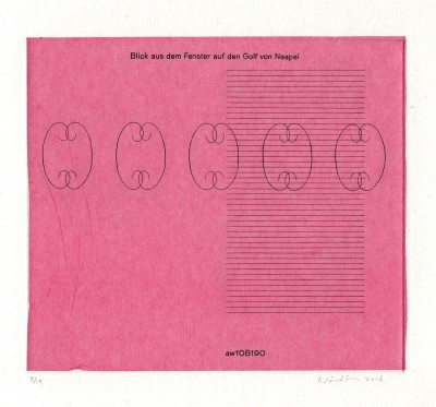 Blick aus dem Fenster auf den Golf von Neapel – View from a Window onto the Bay of Naples 2016 engraving on pink chine collé, edition of 19