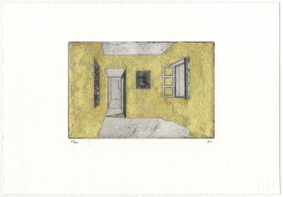 ALEXANDER MASSOURAS It wasn't quite right, so he gilded the walls too 2010 etching and gold leaf; sheet: 7 3/4 x 11 inches; plate: 3 7/8 x 5 7/8 inches