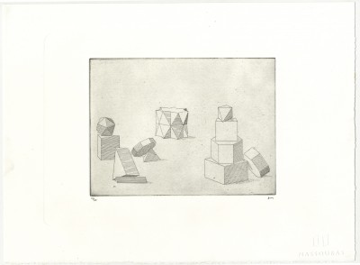 ALEXANDER MASSOURAS A pig who vanished, and a collection of polyhedrons 2018 etching; sheet: 11 x 14 7/8 inches; plate: 6 7/8 x 7 7/8 inches edition of 60 from the series 'Good and Bad at Waiting' in the book 'Late Work' (forthcoming, 2019)