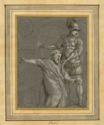 DOMENICO RICCIO Two Roman Figures (Christ and the Centurion) pen and brush in brown ink with wash and extensive white heightening on blue paper; 234 x 182 mm (9 3/16 x 7 1/8 inches) inscribed by Richardson on the mount Polidoro; further annotated on the verso This seems rather to be one Mannr of Biaggio Bolognese PROVENANCE Jonathan Richardson, sen. (1665–1745), London (his stamp Lugt 2184; his shelf marks in pen and ink on verso of mount Zl. 40./ L. 11./ 50./ BB. 34. LL. 57) Sir Francis Ferrand Foljambe (1750–1814), Osberton Hall, Scofton near Worksop, Nottinghamshire; thence by descent The most prominent member of a Veronese family of painters, Domenico Brusasorci belongs to the same generation as Battista Angelo called del Moro (1514–1575). Both were the foremost representatives of Veronese art before Paolo Veronese. Brusasorci’s drawn oeuvre is small and little known. Both he and Angelo del Moro show Roman influences in their work, primarily relayed by way of Giulio Romano. Typical for Domenico are the elongated proportions that show an awareness of Parmigianino. The chief technical characteristics of his drawings are to be found in the preference for blue paper and the extensive use of heightening. A sheet depicting the scene of Christ Healing the Paralytic in the Louvre (Dominique Cordellier and Hélène Sueur, Le Dessin à Vérone aux XVIe et XVIIe siècles, exhibition catalogue, Musée du Louvre, Paris, 1993, pp. 62–65, no. 11) as well as the standing figure of Saint Peter (ibid., p. 64, fig. 11b) both present convincing reference points—even in the facial details of the depicted figures—for the attribution of the present sheet to Domenico Brusasorci. The two figures here might be identified as the centurion, kneeling and accompanied by one of his soldiers, who came to Jesus when he entered the town of Capernaum and asked him to heal his slave (Matthew 8:5–13 and Luke 7:1–10). The most celebrated representations of the biblical story were painted by Paolo Veronese, with probably the earliest version in the Prado dating from ca. 1571.