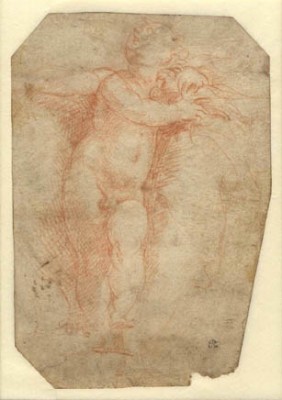 The Christ Child (study for The Vision of St. Jerome) 1526–27 red chalk (recto), pen and brown ink (verso); 143 x 100 mm PROVENANCE Peter Lely (1618–1680), London (Lugt 2092; stamped on the verso) Jonathan Richardson, Sr.. (1665–1745), London (his stamp Lugt 2184; his shelf marks in pen and ink A.29 / B.B. 22 20 / A.A.35 / B / A) on the verso of the mount Sir Francis Ferrand Foljambe (1750–1814), Osberton Hall, Scofton near Worksop, Nottinghamshire; thence by descent LITERATURE Hugo Chapman, [review of] Parmigianino. The Drawings. By Sylvie Beguin, Mario Di Giampaolo and Mary Vaccaro, in: The Burlington Magazine, July 2002, p. 138 fig. 55 Achim Gnann, Parmigianino: Die Zeichnungen, 2 vols., Petersberg 2007, vol. 1, p. 160, and p. 440, no. 569, and vol. 2, p. 451, no. 569r and v (reproduced before full revelation of verso) The red chalk study on the recto of this sheet is for the Christ Child in Parmigianino’s altarpiece of the Virgin and Child with Saints John the Baptist and Jerome (traditionally titled The Vision of Saint Jerome), now in the National Gallery in London, which—as Vasari so grippingly relates—was the work the artist was engaged upon when the Sack of Rome erupted around him in 1527. Both the basic pose of the Child and the fact that the drawing is lit from the right confirm its connection with the altarpiece, although here—uniquely among all the surviving drawings for the work—he is shown cradling a dove in his hands, a detail absent from the finished work. The Child’s right arm is shown in two alternative positions, both outstretched—as in the altarpiece—and bent across his chest to hold the dove. —David Ekserdjian The three disparate sketches in pen and brown ink on the verso do not allow for an easy interpretation. The fragmentary, but closely observed and detailed study of a leg may be compared to an equally enigmatic etching by the artist showing a disembodied arm which survives in a unique impression at the British Museum (inv. no. 1864,7.18.82). The central sketch, a male nude covered by a dense web strokes, is even more puzzling—perhaps John the Baptist draped in his hairy mantle? Thematically this would link the verso to the same altarpiece as the study of the Christ Child on the recto. A drawing of a lying male nude at the Getty Museum (inv. no. 84.GA.9) helps to understand the third sketch of a male figure on the right: if one turns the drawing halfway to the side one realizes that the sketch represents a prima idea for the figure of the sleeping Saint Jerome in the altarpiece—the position of his arms gets further developed in the Getty drawing and his right arm ultimately disappears in the final painting which also has a cloth chastely draped across the saint’s loins.