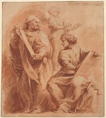 PETER PAUL RUBENS (studio) 1577 Siegen – Antwerp 1640 The Prophets David and Daniel (after RAPHAEL) ca. 1600 red chalk with white heightening; 354 x 301 mm (14 x 11 7/8 inches) PROVENANCE Jeffrey Whitehead, London Hugo Helbing, Munich, June 19, 1897, lot 252 Maurice Marignane, Paris I, Q. van Regteren Altena, acquired in January of 1927 EXHIBITED Rubens exhibition held by Jacques Goudstikker, August 5–October 1, 1933, no. 69 [according to a pencil note on Van Regteren Altena’s mount] Rubens in Italien: Gemälde, Ölskizzen, Zeichnungen, Wallraf Richartz Museum, Cologne, 1977, no. 69 (as by Rubens) LITERATURE Anne Marie Logan, Peter Paul Rubens: The Drawings, exhibition catalogue, Metropolitan Museum of Art, New York, under no. 114 Jeremy Wood, Corpus Rubensianum: Copies and Adaptations from Renaissance and later artists, part 1: Raphael and his School, London/Turnhout 2010, vol. 1, pp. 229f.; vol. 2, fig. 74 The drawing was long considered to be by Rubens. With the discovery of another drawing depicting the same two figures and either fully drawn or, more likely, at least retouched by Rubens (Metropolitan Museum of Art, New York), our drawing is now mostly seen as a copy of the other sheet. It was undoubtedly executed in Rubens’ studio and Jeremy Wood has suggested an attribution to Erasmus Quellinus (1607–Antwerp–1678). However, some scholars, most notably Michael Jaffé, still uphold the attribution to Rubens and suggest that the drawing was executed during the artist’s second stay in Rome 1605–08. For Jaffé it was used as the model for the New York sheet. The drawings depict the two prophets painted by Raphael above the entrance to the Chigi Chapel in Santa Maria della Pace in Rome. The fresco was commissioned by Antonio Chigi in 1511 and the composition is sometimes also referred to as Jeremiah Dictating the Word of God to Baruch. When Rubens travelled in Italy during his twenties between 1600 and 1608, he intensely studied the works of art he encountered. He did not always copy the compositions himself but used the work of copyists, some perhaps even commissioned by himself, to add his own retouches and pentimenti. The drawings then became reference points to which the artist would return throughout his career. Raphael’s two prophets were never adapted into one of Rubens’ own compositions. The Italian master’s dynamic and sculptural treatment of drapery, however, left a strong impression on the young Rubens. It is echoed by many of the figures in the religious scenes painted by Rubens upon his return to Antwerp.