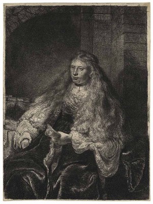 REMBRANDT HARMENSZ. VAN RIJN 1606 Leiden – Amsterdam 1669 The Great Jewish Bride - Saskia 1635 etching, engraving, and drypoint; 223 x 167 mm (8 3/4 x 6 9/16 inches) Bartsch 340, White/Boon fifth (final) state; Hind 127; The New Hollstein 154 fifth (final) stateWATERMARK Strasbourg bend (Hinterding, vol. 2, p. 182–184, variant A, vol. 3, pp. 366–368 ill.) PROVENANCE Ernst, Prince of Saxe-Meiningen (1859–1941; with the Colnaghi director Harold Wright’s pencil annotation on the verso S.43801) P. & D. Colnaghi & Co., London (their stock nos. in pencil verso C.16303 and C.28044) A fine, rich impression; in excellent condition with thread margins, in a few places trimmed on the plate-mark. The female sitter is depicted with free-falling hair under a string of pearls, a coiffure worn by Jewish maidens in seventeenth-century Holland when they were betrothed. Furthermore, the sitter holds prominently a roll, most likely the Ketubah. However, Madlyn Kahr’s suggestion (“Rembrandt’s Esther: A Painting and an Etching newly interpreted and dated”, in: Oud Holland, vol. 81 (1966), pp. 228 ff.) that the print represents Queen Esther preparing to meet King Ahasuerus to beg the lives of the Jewish people in Persia seems also plausible explanation of the subject matter. Despite the elaborate dress-up and the print’s traditional title, this image can be counted among Rembrandt’s most directly descriptive portraits of his first wife, Saskia Uylenburgh (1612–1642) whom he had married the previous year. Her features are clearly recognizable. Rembrandt recorded her pose in this historical costume in a fairly detailed preparatory drawing in reverse that is now in the Nationalmuseum in Stockholm (Benesch 292) on which the print is based.