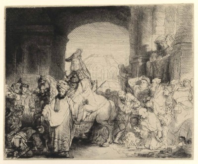 REMBRANDT HARMENSZ. VAN RIJN 1606 Leiden – Amsterdam 1669 The Triumph of Mordecai ca. 1641 etching and drypoint; 175 x 213 mm (6 3/4 by 8 1/2 inches) Bartsch 40, White/Boon only state; Hind 172; The New Hollstein 185 third state (of four) WATERMARK shield with Strasbourg bend (Hinterding, vol. 2, p. 182, variant A-a-a; vol. 3, p. 366 ill.) PROVENANCE Gilhofer & Ranschburg, Lucerne Carl and Rose Hirschler, née Dreyfus, Haarlem (Lugt 633a), acquired in May 1927; thence by descent