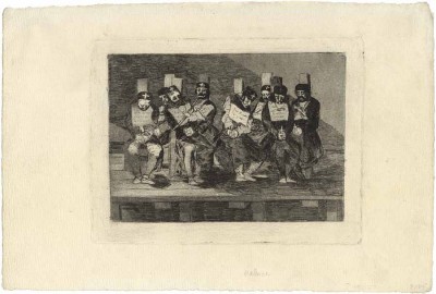 FRANCISCO JOSÉ DE GOYA Y LUCIENTES 1746 Fuendetodos – Bordeaux 1828 No se puede saber por qué – One can’t tell why ca. 1808–14 etching, burnished aquatint, drypoint, and burin on laid paper; 155 x 203 mm (6 1/8 x 8 inches) Harris 155.I.2 (of III.7) PROVENANCE Infante Don Sebastian de Borbón y Braganza Georges Provôt, Paris; his sale, Hôtel Drouot, April 10, 1935, lot 64 Tomás Harris, London (not in Lugt) private collection, Germany Proof impression for plate 35 of Los Desastres de la Guerra, before numbers and before additional drypoint and burin work. No impression of state I.1 (before the aquatint) is known nor are any proof impressions with numbers (Harris’ hypothetical state I.3) known. Harris lists nine impressions of state I.2, including this one. No less than eight convicts are about to be garroted. Each man clutches a crucifix—a sign that he has already made his last confession. Their crime—ownership of a weapon— is announced on placards hanging around their necks, alongside the weapons themselves. Many Spanish citizens were executed this way. Their crimes were not only murder and armed robbery; suspicion of espionage for the insurgents or any other support for them was sufficient to subject the accused to this cruel fate.
