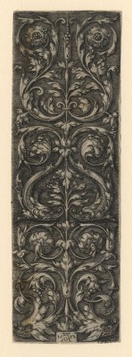 Heinrich Aldegrever 1502 Paderborn – Soest 1555/1561 Ornament with Two Dolphin’s Heads, 1552 engraving; 140 x 45 mm Bartsch and Hollstein 283 Provenance Friedrich August II., King of Saxony, Dresden (Lugt 971) C.G. Boerner, Düsseldorf, 1965