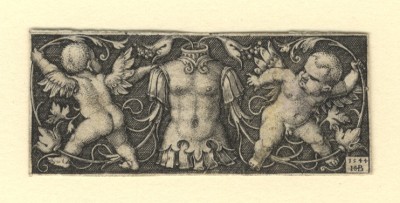 SEBALD BEHAM 1500 Nuremberg – Frankfurt 1550 Ornament with Armor and Two Genii, 1544 engraving; 7/8 x 1 1/8 inches Hollstein 231, Pauli 231, first state (of 2) Provenance unknown collector (Lugt 2368b)