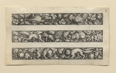 Michel Le Blon 1587 Frankfurt/Main – Amsterdam 1665 Friezes with Animals, Insects and Birds among Foliage Scrolls engravings; sixth plate from a set of six; each ca. 68 x 119 mm Hollstein, vol. 2, p. 138, nos. 1, 2, 3, 4, and 6; Berliner Ornamentstichkatalog 742 (2); Fuhring, vol. 3, nos. 12032, 12033, 12034, 12035, and 12037; Victoria and Albert Museum, E 113–1897 Provenance C.G. Boerner Düsseldorf, December 1961 (with our stock number on verso „zu 5399“) private collection, Germany