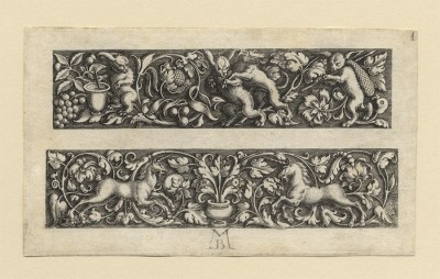 Michel Le Blon 1587 Frankfurt/Main – Amsterdam 1665 Friezes with Animals, Insects and Birds among Foliage Scrolls engravings; first plate from a set of six; each ca. 68 x 119 mm Hollstein, vol. 2, p. 138, nos. 1, 2, 3, 4, and 6; Berliner Ornamentstichkatalog 742 (2); Fuhring, vol. 3, nos. 12032, 12033, 12034, 12035, and 12037; Victoria and Albert Museum, E 113–1897 Provenance C.G. Boerner Düsseldorf, December 1961 (with our stock number on verso „zu 5399“) private collection, Germany