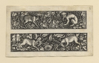 Michel Le Blon 1587 Frankfurt/Main – Amsterdam 1665 Friezes with Animals, Insects and Birds among Foliage Scrolls engravings; second plate from a set of six; each ca. 68 x 119 mm Hollstein, vol. 2, p. 138, nos. 1, 2, 3, 4, and 6; Berliner Ornamentstichkatalog 742 (2); Fuhring, vol. 3, nos. 12032, 12033, 12034, 12035, and 12037; Victoria and Albert Museum, E 113–1897 Provenance C.G. Boerner Düsseldorf, December 1961 (with our stock number on verso „zu 5399“) private collection, Germany