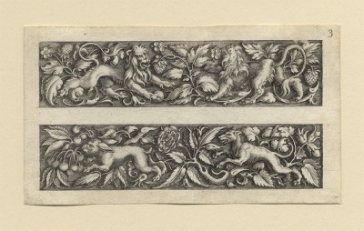 Michel Le Blon 1587 Frankfurt/Main – Amsterdam 1665 Friezes with Animals, Insects and Birds among Foliage Scrolls engravings; third plate from a set of six; each ca. 68 x 119 mm Hollstein, vol. 2, p. 138, nos. 1, 2, 3, 4, and 6; Berliner Ornamentstichkatalog 742 (2); Fuhring, vol. 3, nos. 12032, 12033, 12034, 12035, and 12037; Victoria and Albert Museum, E 113–1897 Provenance C.G. Boerner Düsseldorf, December 1961 (with our stock number on verso „zu 5399“) private collection, Germany