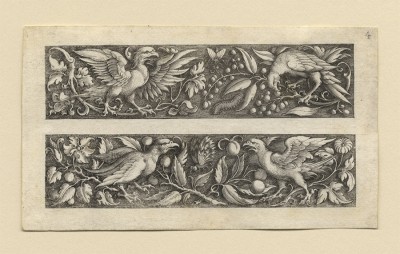 Michel Le Blon 1587 Frankfurt/Main – Amsterdam 1665 Friezes with Animals, Insects and Birds among Foliage Scrolls engravings; fourth plate from a set of six; each ca. 68 x 119 mm Hollstein, vol. 2, p. 138, nos. 1, 2, 3, 4, and 6; Berliner Ornamentstichkatalog 742 (2); Fuhring, vol. 3, nos. 12032, 12033, 12034, 12035, and 12037; Victoria and Albert Museum, E 113–1897 Provenance C.G. Boerner Düsseldorf, December 1961 (with our stock number on verso „zu 5399“) private collection, Germany