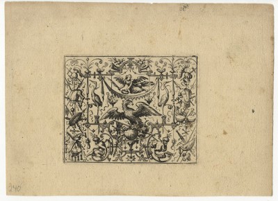 Matthäus Merian the Elder 1593 Basel – Bad Schwalbach 1650 Grotesken mit geistlichen und weltlichen Symbolen – Grotesques with Spiritual and Secular Symbols, 1616 Page 13 from a series of 17 etchings, each 145 x 190 mm or 135 x 184 mm 3rd edition, published by Johann Christoph Weigel, Nuremberg, between 1690 and 1726 (with the editor’s address on the first plate) Berliner Ornamentstichkatalog 38 (1st edition); Wüthrich 117–133 (without 117, 126, 127, 132, and 133); Warncke 1088–1104 (without 1088, 1097, 1098, 1103, and 1104)