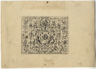 Matthäus Merian the Elder 1593 Basel – Bad Schwalbach 1650 Grotesken mit geistlichen und weltlichen Symbolen – Grotesques with Spiritual and Secular Symbols, 1616 Page 14 from a series of 17 etchings, each 145 x 190 mm or 135 x 184 mm 3rd edition, published by Johann Christoph Weigel, Nuremberg, between 1690 and 1726 (with the editor’s address on the first plate) Berliner Ornamentstichkatalog 38 (1st edition); Wüthrich 117–133 (without 117, 126, 127, 132, and 133); Warncke 1088–1104 (without 1088, 1097, 1098, 1103, and 1104)