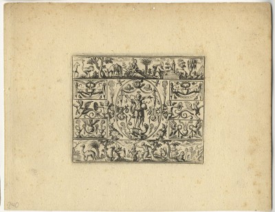 Matthäus Merian the Elder 1593 Basel – Bad Schwalbach 1650 Grotesken mit geistlichen und weltlichen Symbolen – Grotesques with Spiritual and Secular Symbols, 1616 Page 3 from a series of 17 etchings, each 145 x 190 mm or 135 x 184 mm 3rd edition, published by Johann Christoph Weigel, Nuremberg, between 1690 and 1726 (with the editor’s address on the first plate) Berliner Ornamentstichkatalog 38 (1st edition); Wüthrich 117–133 (without 117, 126, 127, 132, and 133); Warncke 1088–1104 (without 1088, 1097, 1098, 1103, and 1104)