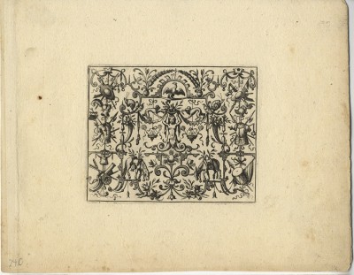 Matthäus Merian the Elder 1593 Basel – Bad Schwalbach 1650 Grotesken mit geistlichen und weltlichen Symbolen – Grotesques with Spiritual and Secular Symbols, 1616 Page 8 from a series of 17 etchings, each 145 x 190 mm or 135 x 184 mm 3rd edition, published by Johann Christoph Weigel, Nuremberg, between 1690 and 1726 (with the editor’s address on the first plate) Berliner Ornamentstichkatalog 38 (1st edition); Wüthrich 117–133 (without 117, 126, 127, 132, and 133); Warncke 1088–1104 (without 1088, 1097, 1098, 1103, and 1104)