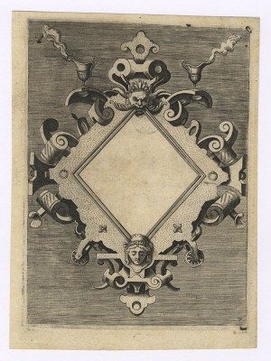 ITALIAN Plate no. 7 from a set of Thirteen Scrollwork and Strapwork Ornaments (after VREDEMAN DE VRIES) ca. 1573 engravings; each ca. 184 x 135 mm (7 1/4 x 5 3/8 inches) Hollstein (Vredeman de Vries) 14–26 copies I WATERMARK shield with star PROVENANCE Charles Naudet, Paris (Lugt 1937) Musée d’art et d’industrie, Lyon (cf. Lugt 1699) LITERATURE Elizabeth Miller, 16th-Century Italian Ornament Prints in the Victoria and Albert Museum, London 1999, cat. no. 5