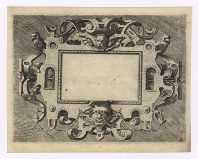 ITALIAN Plate no. 9 from a set of Thirteen Scrollwork and Strapwork Ornaments (after VREDEMAN DE VRIES) ca. 1573 engravings; each ca. 184 x 135 mm (7 1/4 x 5 3/8 inches) Hollstein (Vredeman de Vries) 14–26 copies I WATERMARK shield with star PROVENANCE Charles Naudet, Paris (Lugt 1937) Musée d’art et d’industrie, Lyon (cf. Lugt 1699) LITERATURE Elizabeth Miller, 16th-Century Italian Ornament Prints in the Victoria and Albert Museum, London 1999, cat. no. 5