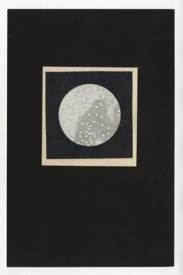 Full Moon 2019 collage of a letterpress print, on top of a found print, on top of black gesso painted on top of a page from Appleton’s Journal 225 x 145 mm (8 7/8 x 5 11/16 inches)