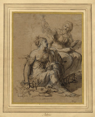 Allegories of Temperance and Prudence (after figures by RAPHAEL) pen and brown ink with wash and white heightening, laid down on an eighteenth-century mount; 268 x 210 mm (10 1/2 x 8 1/4 inches) PROVENANCE Jonathan Richardson, sr. (1665–1745), London (his drystamp Lugt 2184) Sir Francis Ferrand Foljambe (1750–1814), Osberton Hall, Scofton near Worksop, Nottinghamshire; thence by descent